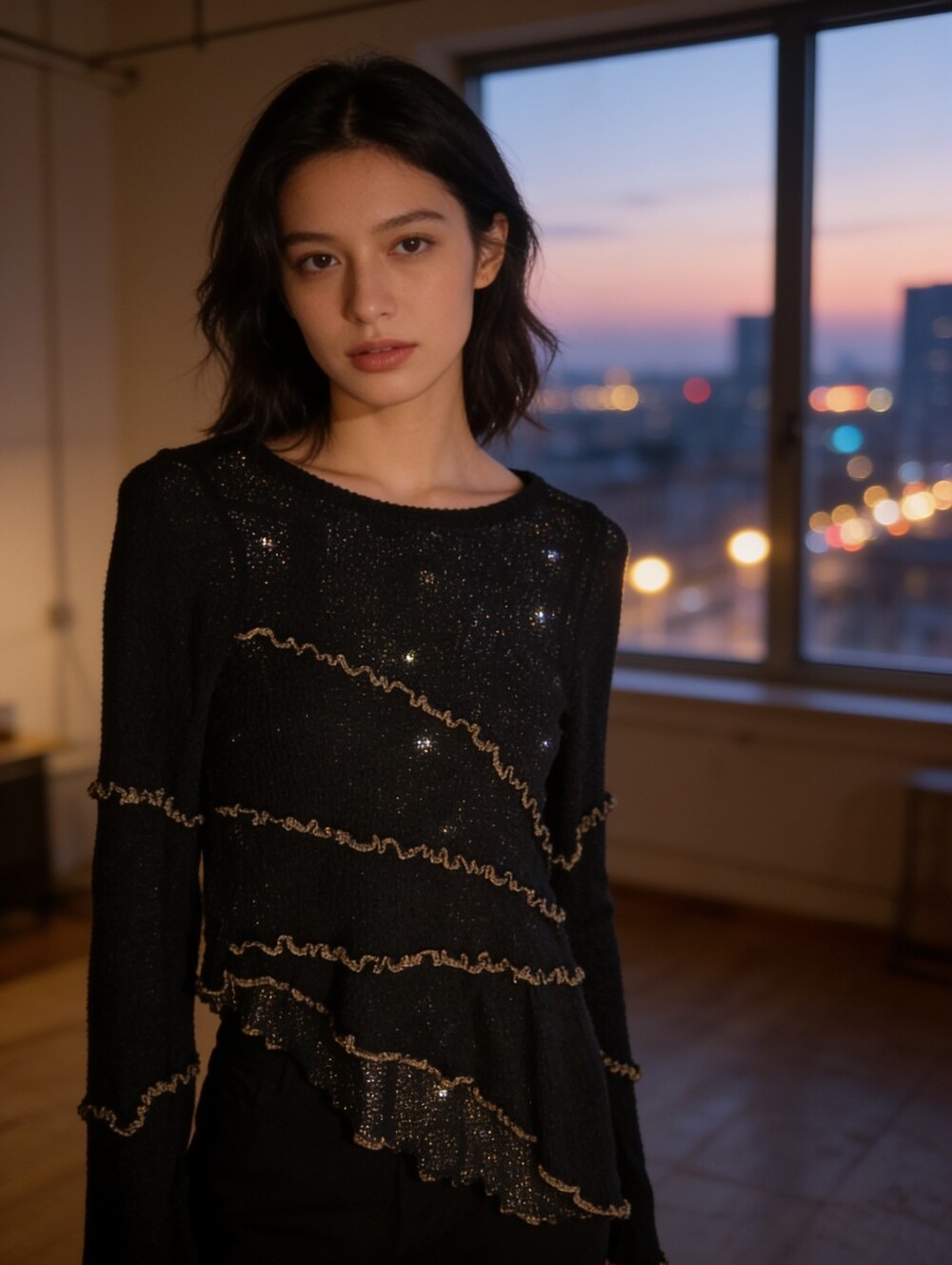 BDG Black Sheer Crewneck Sweater with Gold Ruffle Trim
